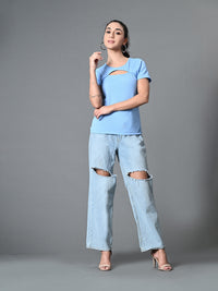 Thumbnail for Myshka Women's Ribbed Round Neck Cut-out Short Sleeves Top in Blue Color