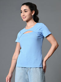 Thumbnail for Myshka Women's Ribbed Round Neck Cut-out Short Sleeves Top in Blue Color