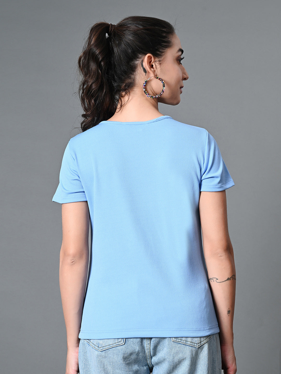 Myshka Women's Ribbed Round Neck Cut-out Short Sleeves Top in Blue Color