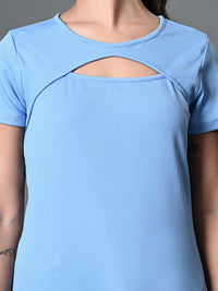 Thumbnail for Myshka Women's Ribbed Round Neck Cut-out Short Sleeves Top in Blue Color