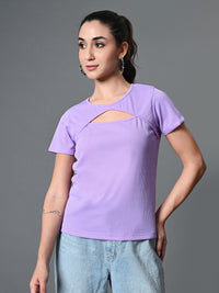 Thumbnail for Myshka Women's Ribbed Round Neck Cut-out Short Sleeves Top in Lavender Color