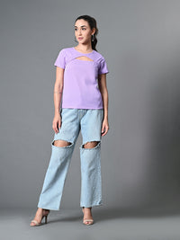 Thumbnail for Myshka Women's Ribbed Round Neck Cut-out Short Sleeves Top in Lavender Color