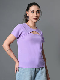 Thumbnail for Myshka Women's Ribbed Round Neck Cut-out Short Sleeves Top in Lavender Color