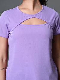 Thumbnail for Myshka Women's Ribbed Round Neck Cut-out Short Sleeves Top in Lavender Color