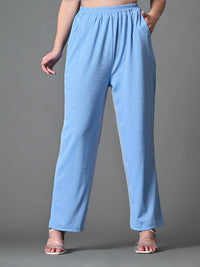 Thumbnail for Myshka Women's Solid Ribbed High-Rise Wide Leg Casual Trousers in Blue Color