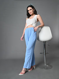 Thumbnail for Myshka Women's Solid Ribbed High-Rise Wide Leg Casual Trousers in Blue Color
