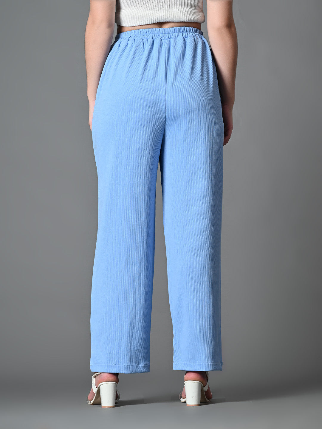 Myshka Women's Solid Ribbed High-Rise Wide Leg Casual Trousers in Blue Color