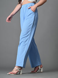 Thumbnail for Myshka Women's Solid Ribbed High-Rise Wide Leg Casual Trousers in Blue Color