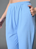 Thumbnail for Myshka Women's Solid Ribbed High-Rise Wide Leg Casual Trousers in Blue Color - Distacart