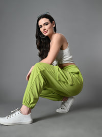 Thumbnail for Myshka Women's Solid Ribbed High-Rise Cargo Style Casual Trousers in Green Color