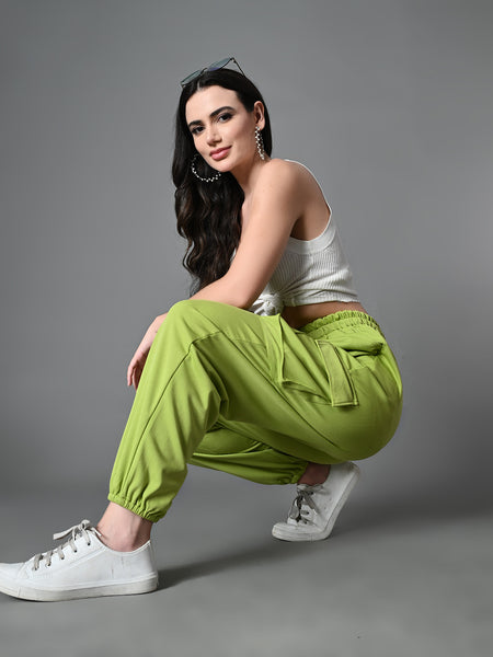 Myshka Women's Solid Ribbed High-Rise Cargo Style Casual Trousers in Green Color