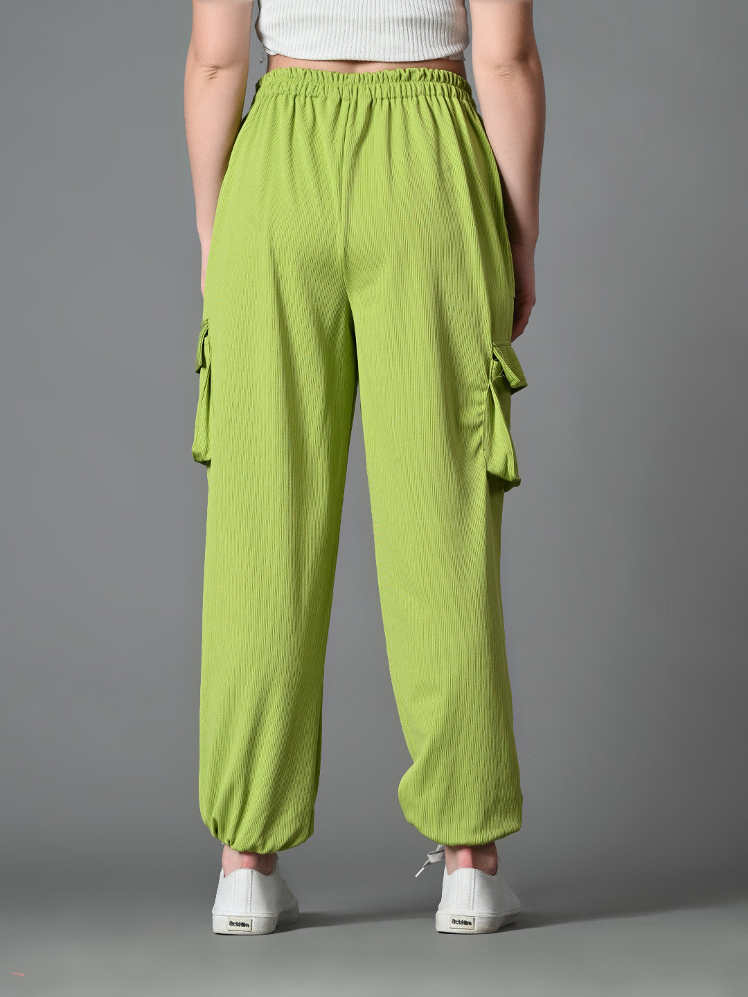 Myshka Women's Solid Ribbed High-Rise Cargo Style Casual Trousers in Green Color