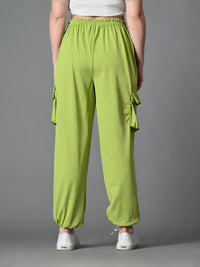 Thumbnail for Myshka Women's Solid Ribbed High-Rise Cargo Style Casual Trousers in Green Color