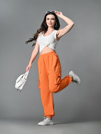 Thumbnail for Myshka Women's Solid Ribbed High-Rise Cargo Style Casual Trousers in Orange Color