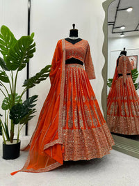 Thumbnail for Jyoti Fashion Women's Orange Faux Georgette Sequins with Thread Embroidered Designer Lehenga Choli Set