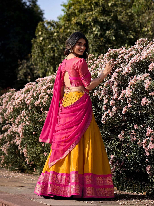 Evanik Women South-Style Kanchipuram Silk Stitched Lehenga With Unstitched Blouse & Dupatta