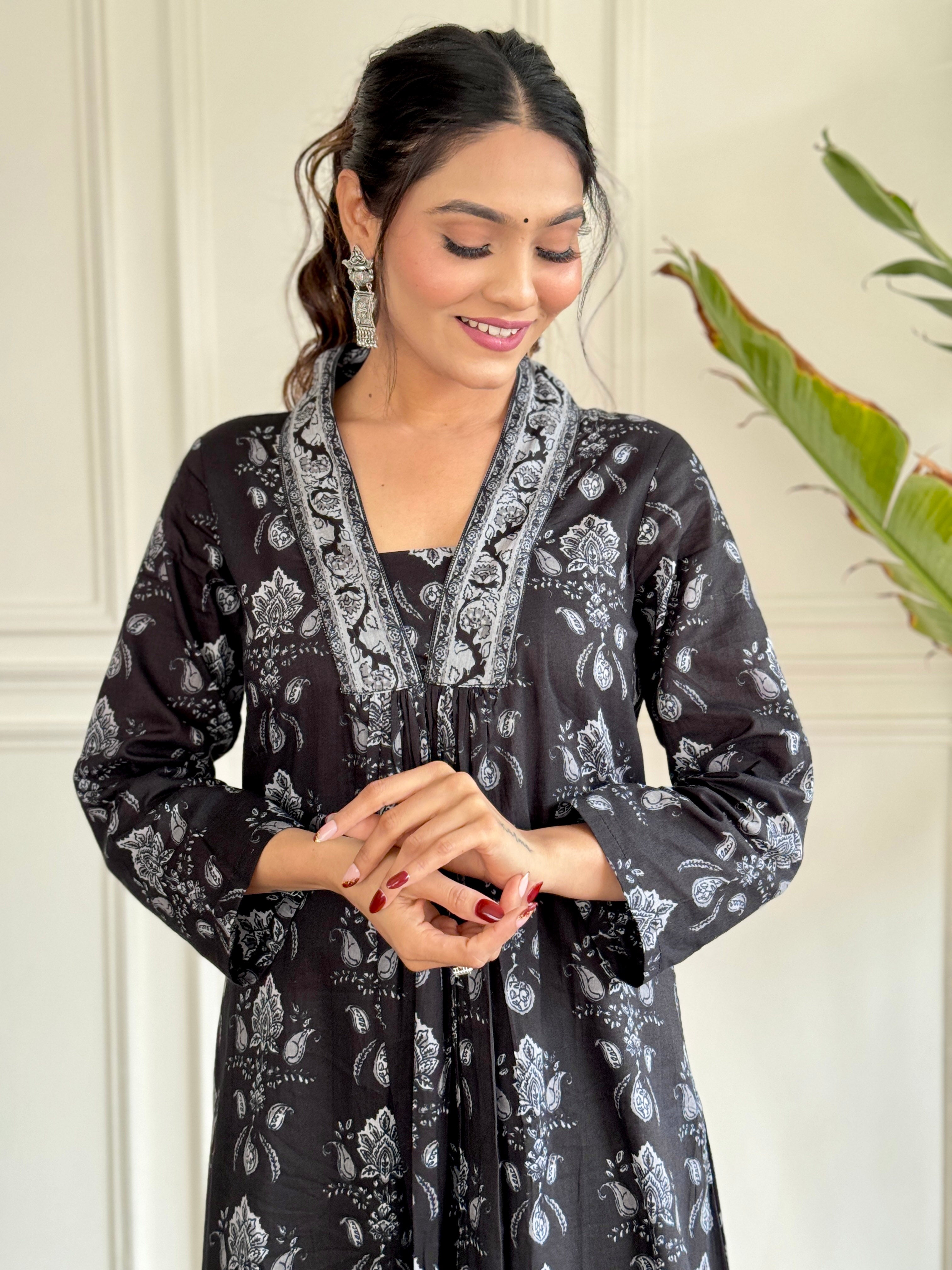 Teeya Creation Black Colour Pure Cotton Digital Print Fully Stitched Kurti Set - Distacart