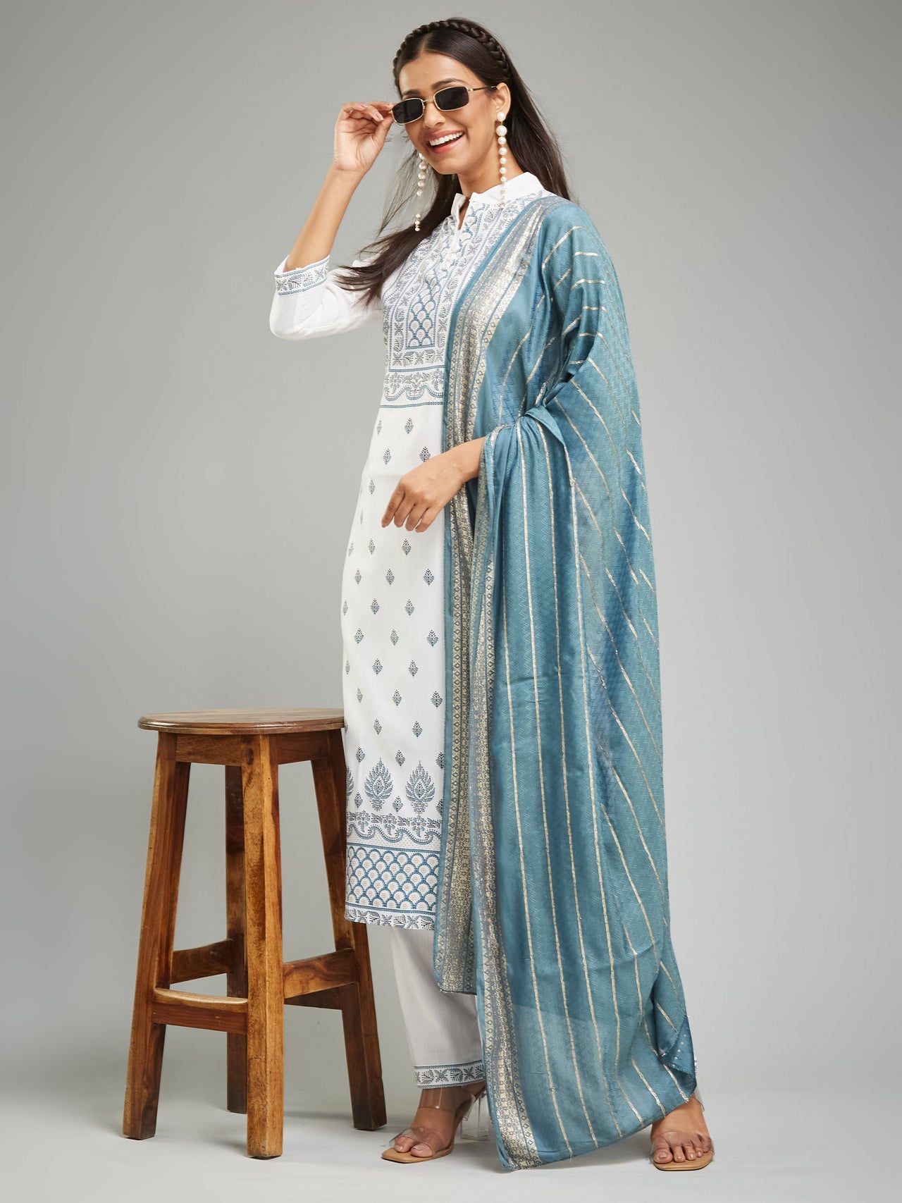 Lyush Women's Collar Neck Printed Work Rayon Fabric Kurta Pant With Dupatta Set - White