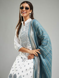 Thumbnail for Lyush Women's Collar Neck Printed Work Rayon Fabric Kurta Pant With Dupatta Set - White