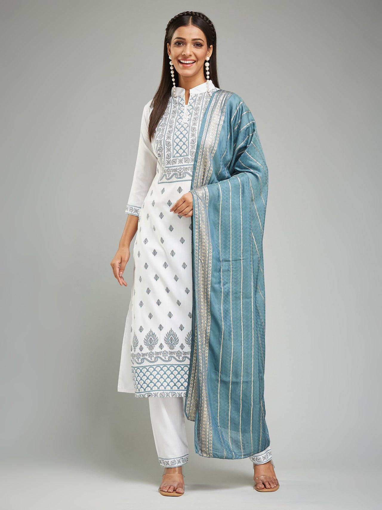 Lyush Women's Collar Neck Printed Work Rayon Fabric Kurta Pant With Dupatta Set - White