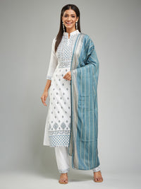 Thumbnail for Lyush Women's Collar Neck Printed Work Rayon Fabric Kurta Pant With Dupatta Set - White