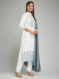 Thumbnail for Lyush Women's Collar Neck Printed Work Rayon Fabric Kurta Pant With Dupatta Set - White
