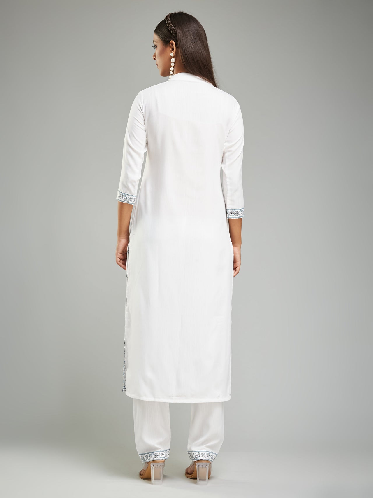 Lyush Women's Collar Neck Printed Work Rayon Fabric Kurta Pant With Dupatta Set - White