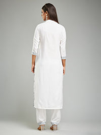 Thumbnail for Lyush Women's Collar Neck Printed Work Rayon Fabric Kurta Pant With Dupatta Set - White