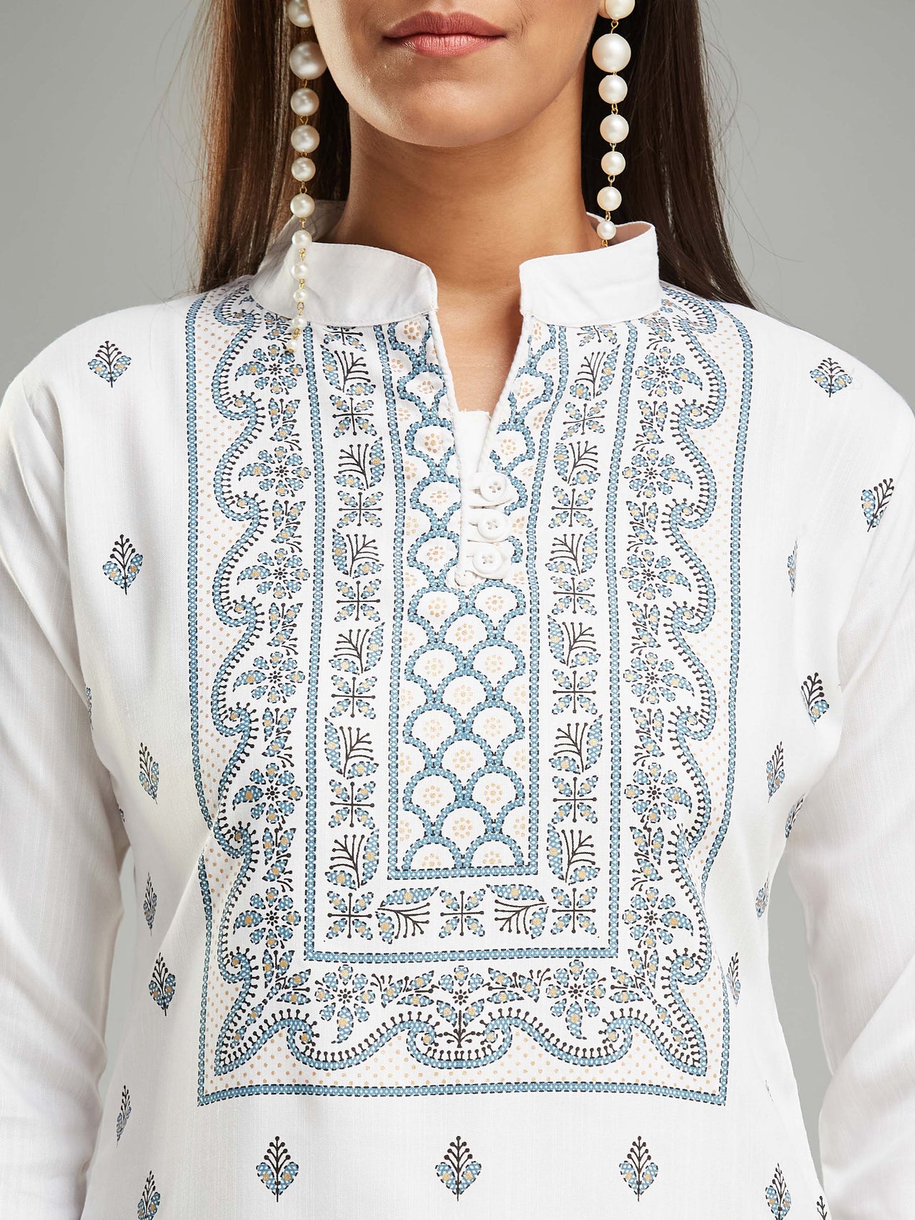 Lyush Women's Collar Neck Printed Work Rayon Fabric Kurta Pant With Dupatta Set - White