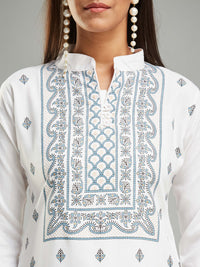 Thumbnail for Lyush Women's Collar Neck Printed Work Rayon Fabric Kurta Pant With Dupatta Set - White