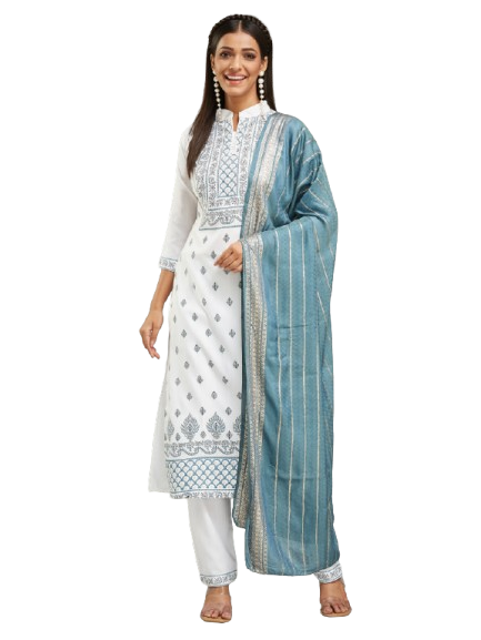 Lyush Women's Collar Neck Printed Work Rayon Fabric Kurta Pant With Dupatta Set - White