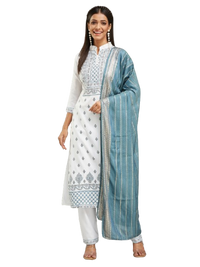 Thumbnail for Lyush Women's Collar Neck Printed Work Rayon Fabric Kurta Pant With Dupatta Set - White