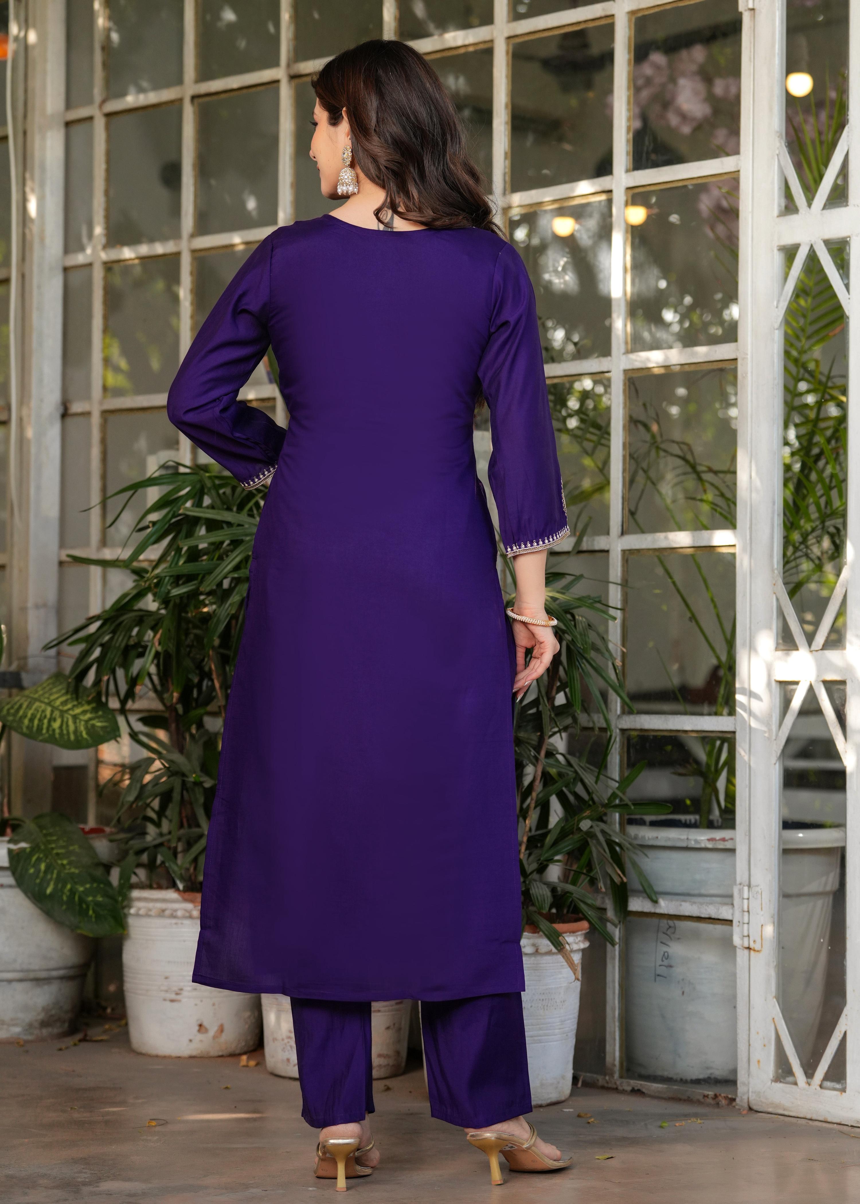 Teeya Creation Purple Color Viscose Chanderi Embroidery Work Fully Stitched Kurti Set - Distacart