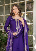 Thumbnail for Teeya Creation Purple Color Viscose Chanderi Embroidery Work Fully Stitched Kurti Set - Distacart