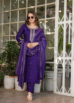 Thumbnail for Teeya Creation Purple Color Viscose Chanderi Embroidery Work Fully Stitched Kurti Set - Distacart