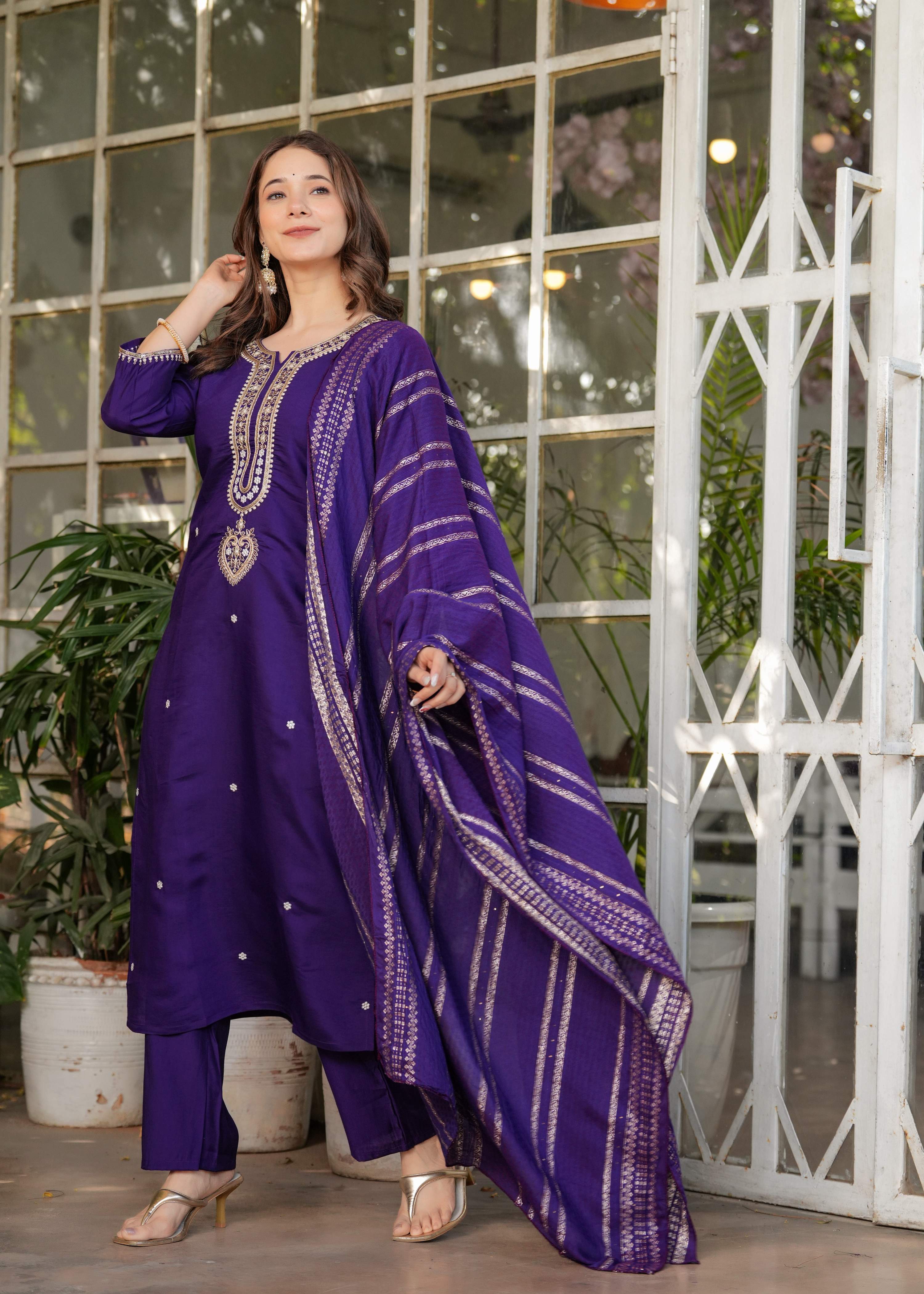 Teeya Creation Purple Color Viscose Chanderi Embroidery Work Fully Stitched Kurti Set - Distacart
