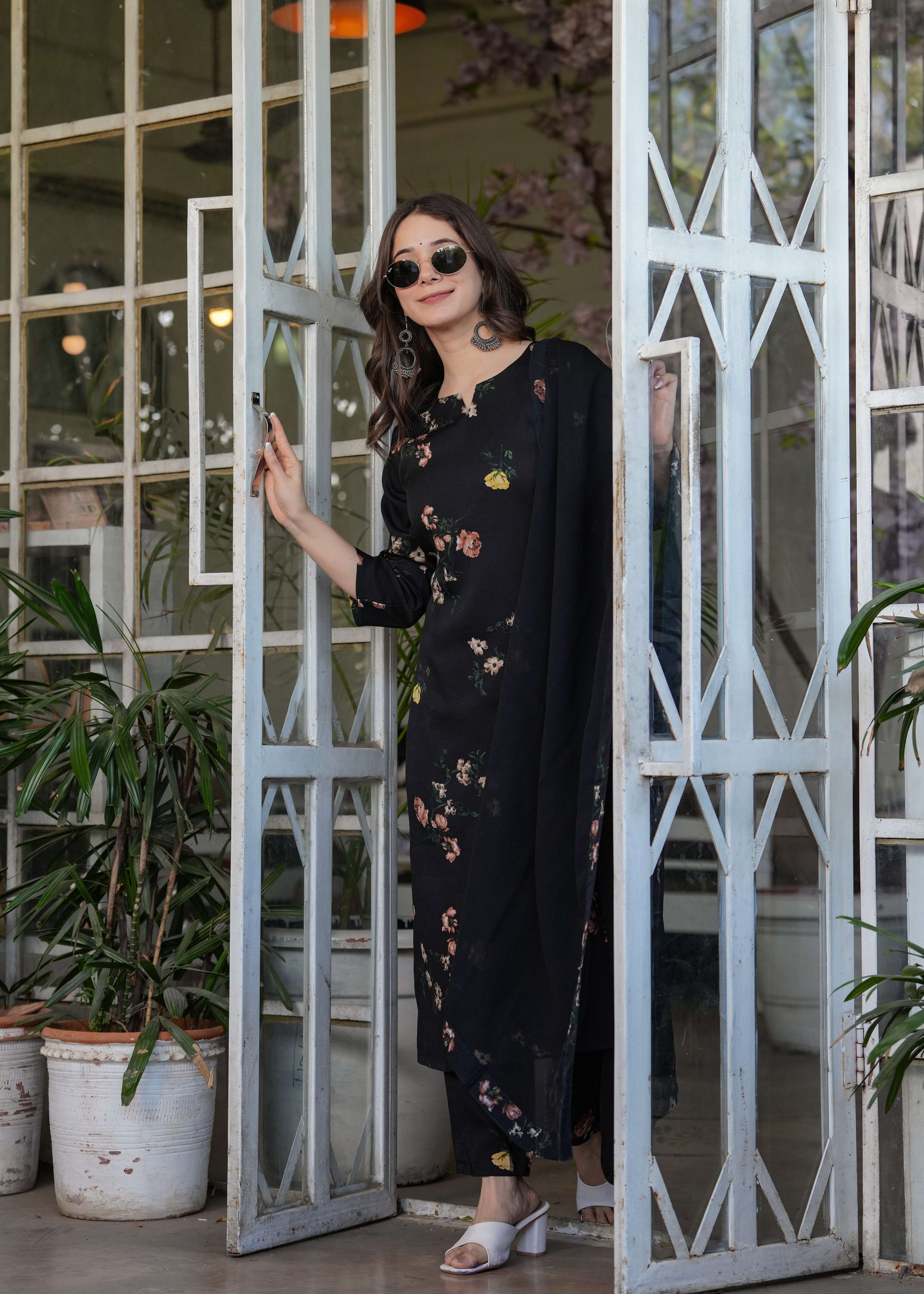 Teeya Creation Black Color Silk Blend Digital Print Fully Stitched Kurti Set - Distacart