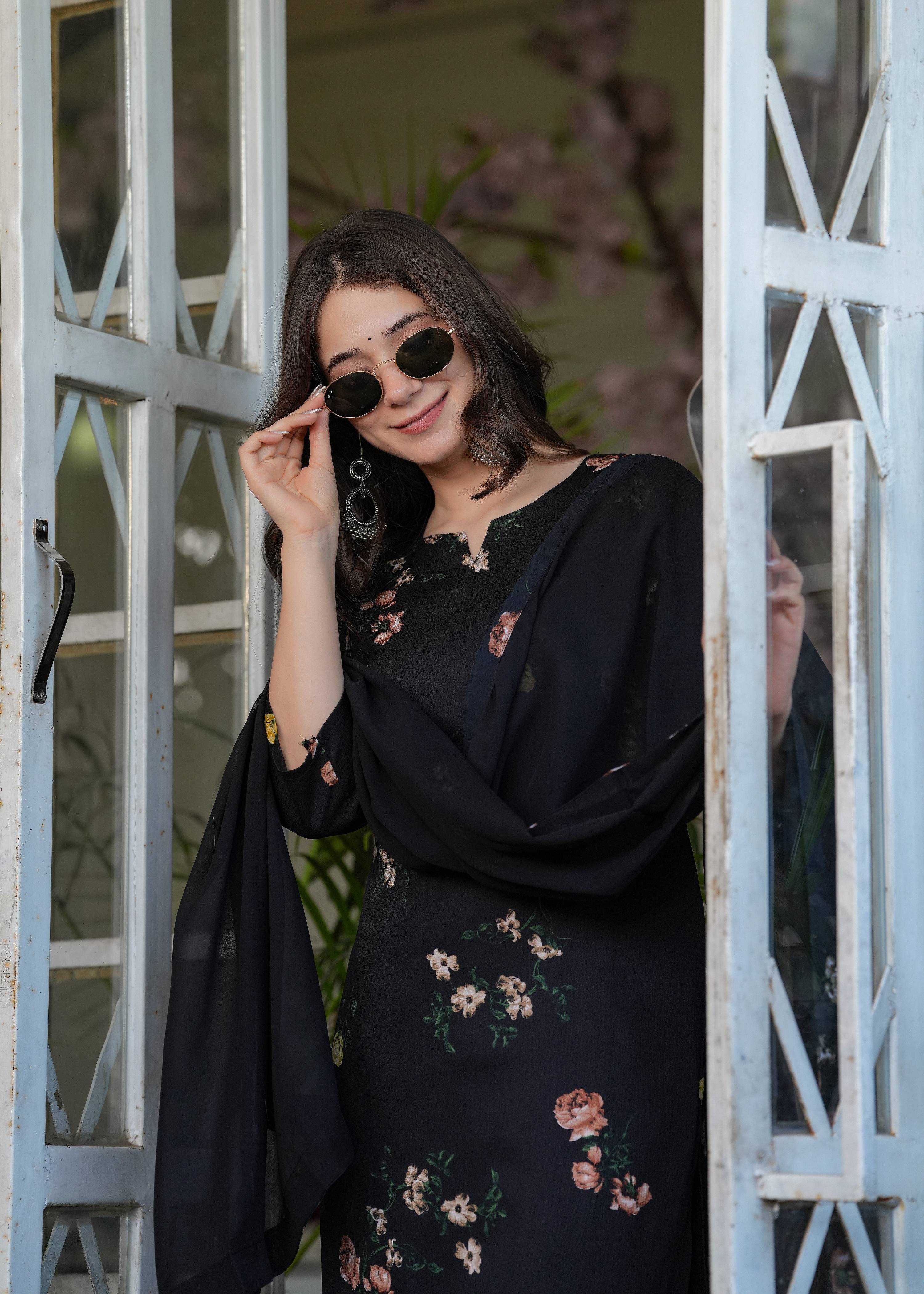 Teeya Creation Black Color Silk Blend Digital Print Fully Stitched Kurti Set - Distacart