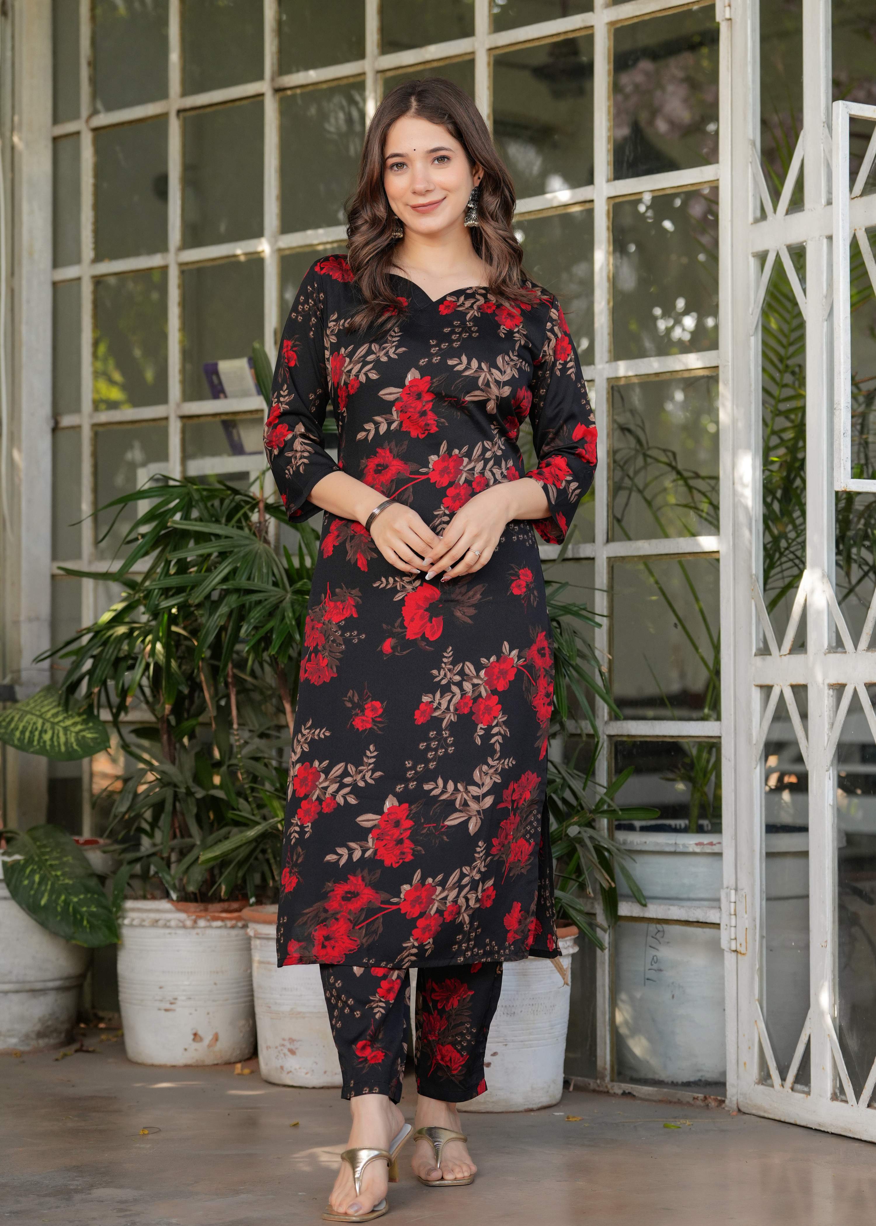 Teeya Creation Black Color Silk Blend Digital Print Fully Stitched Kurti Set - Distacart