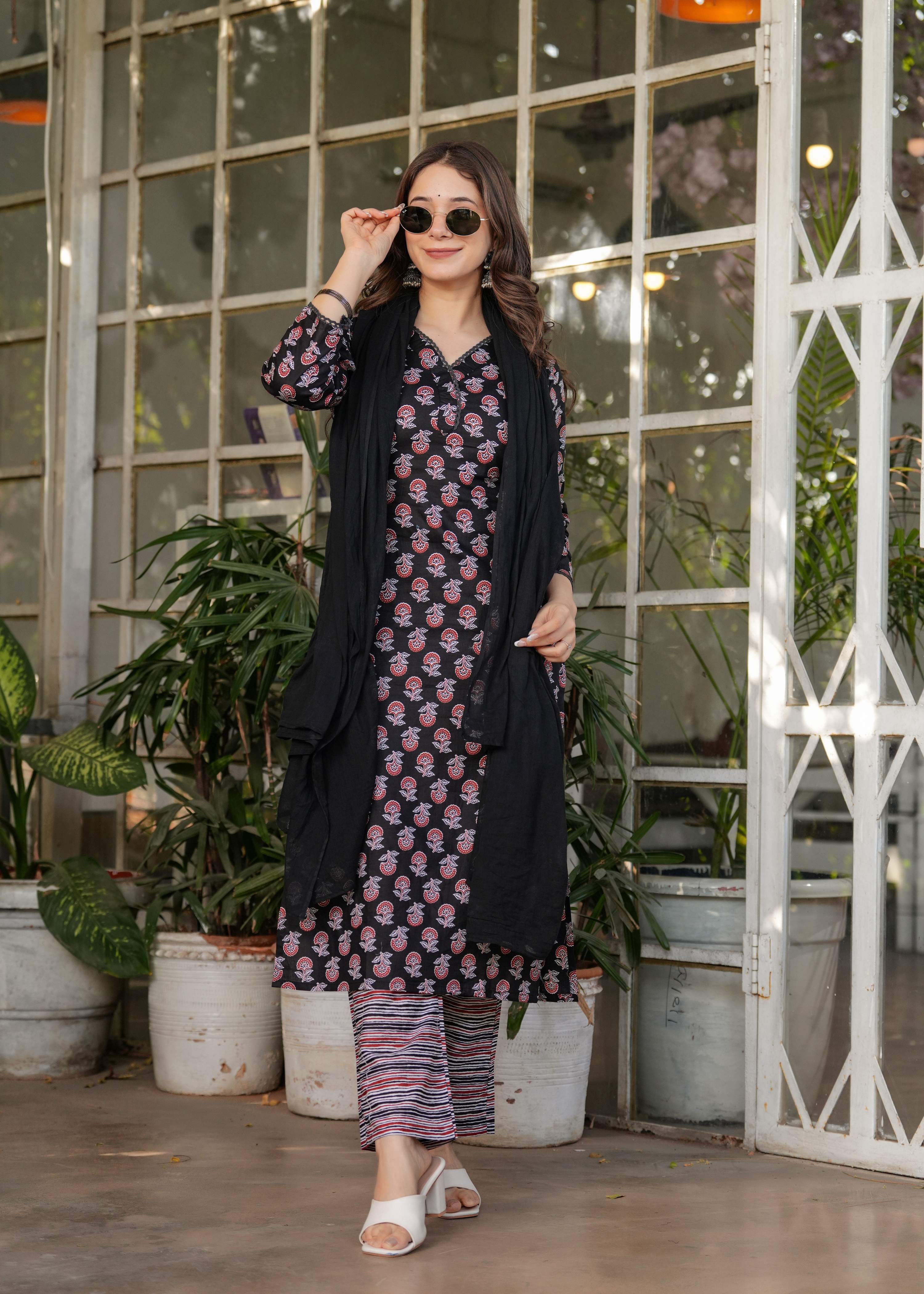 Teeya Creation Black Color Pure Cotton Digital Print Fully Stitched Kurti Set - Distacart