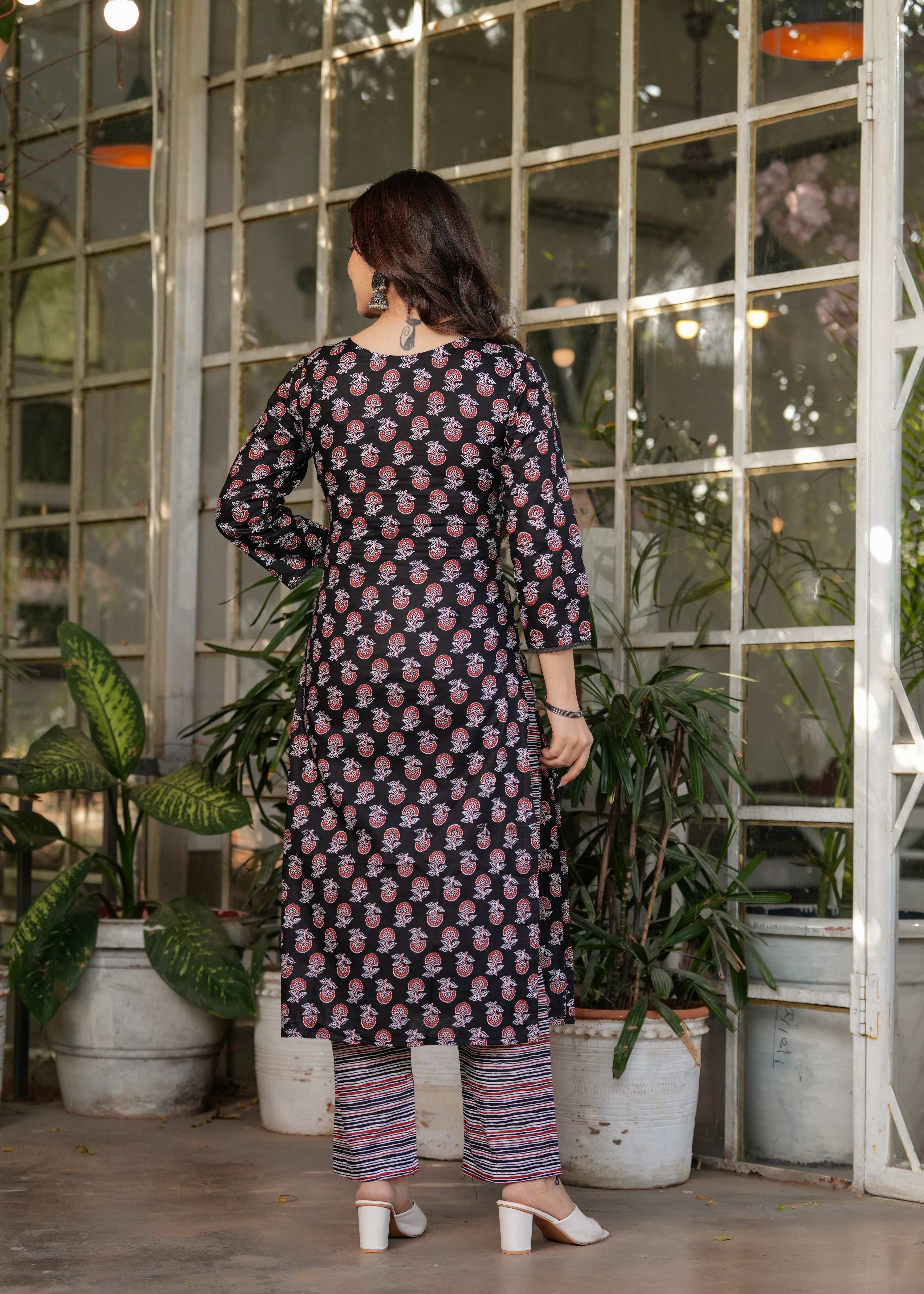 Teeya Creation Black Color Pure Cotton Digital Print Fully Stitched Kurti Set - Distacart