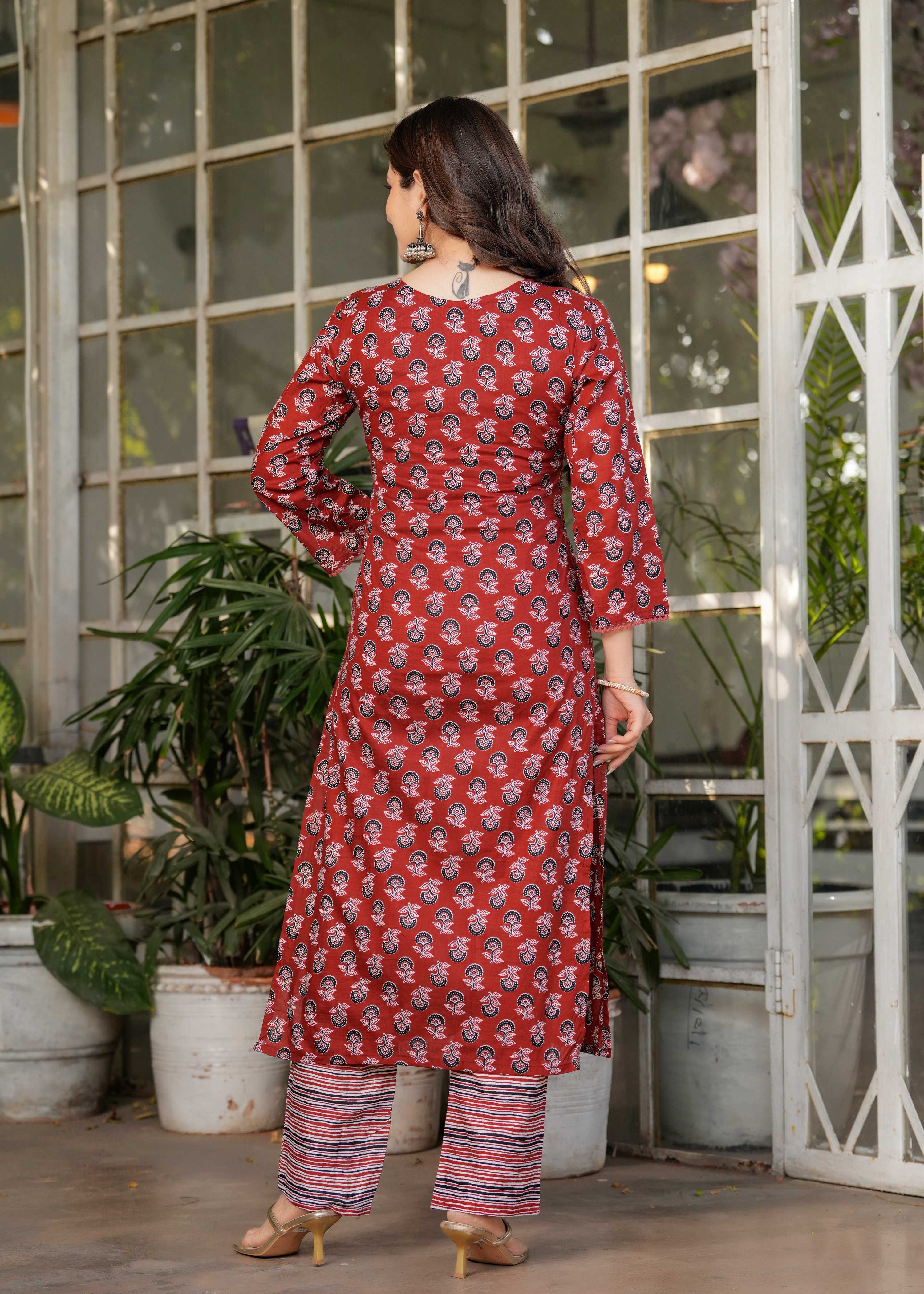 Teeya Creation Red Color Pure Cotton Digital Print Fully Stitched Kurti Set - Distacart
