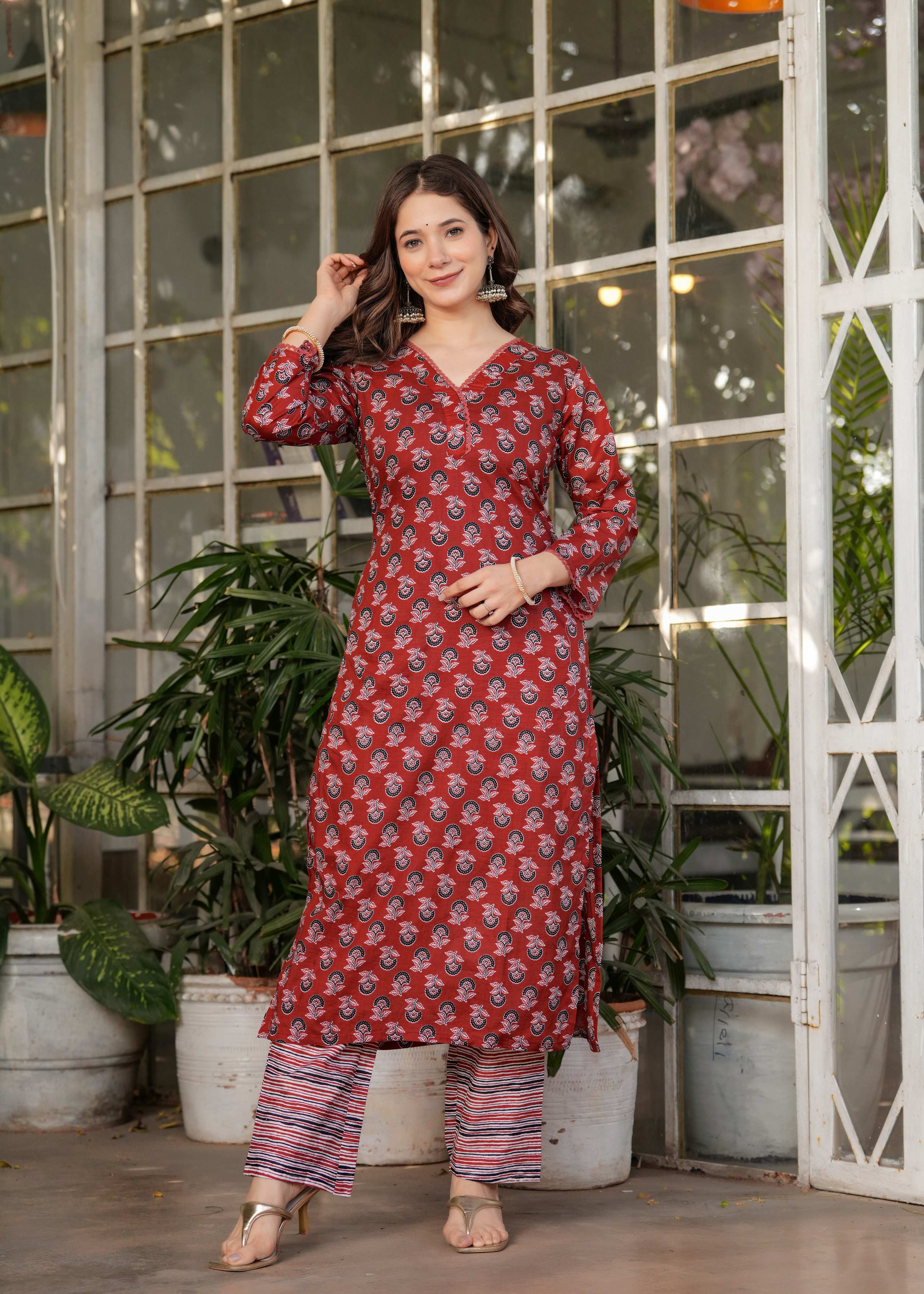 Teeya Creation Red Color Pure Cotton Digital Print Fully Stitched Kurti Set - Distacart