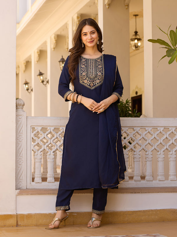 Teeya Creation Navy Blue Color Rayon Embroidery Work Fully Stitched Kurti Set - Distacart