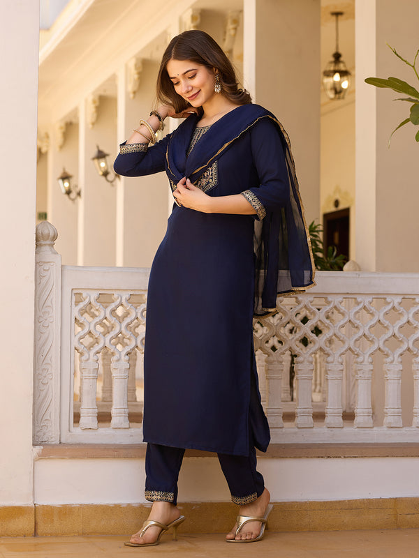 Teeya Creation Navy Blue Color Rayon Embroidery Work Fully Stitched Kurti Set - Distacart