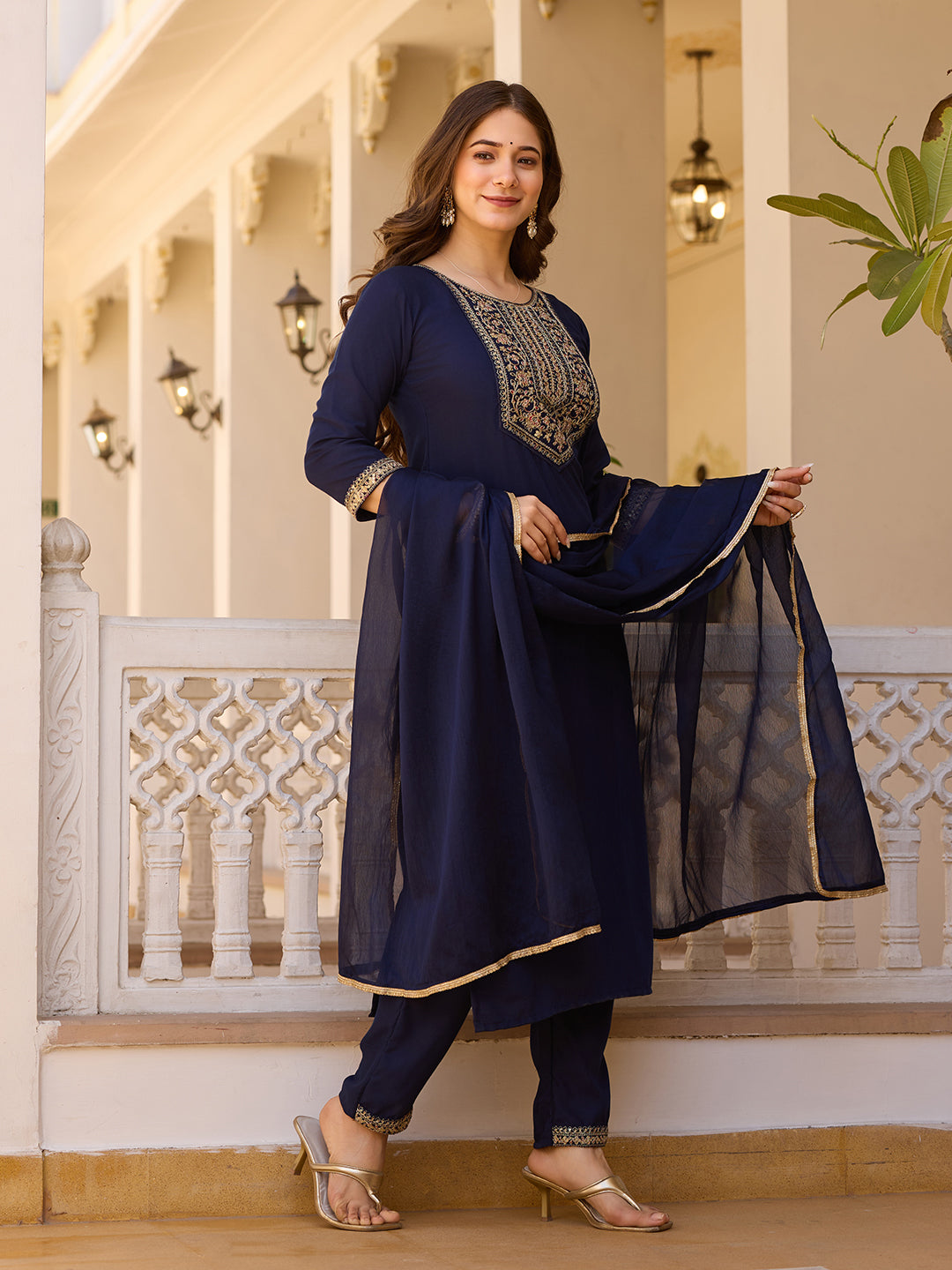 Teeya Creation Navy Blue Color Rayon Embroidery Work Fully Stitched Kurti Set - Distacart