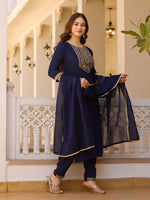 Thumbnail for Teeya Creation Navy Blue Color Rayon Embroidery Work Fully Stitched Kurti Set - Distacart