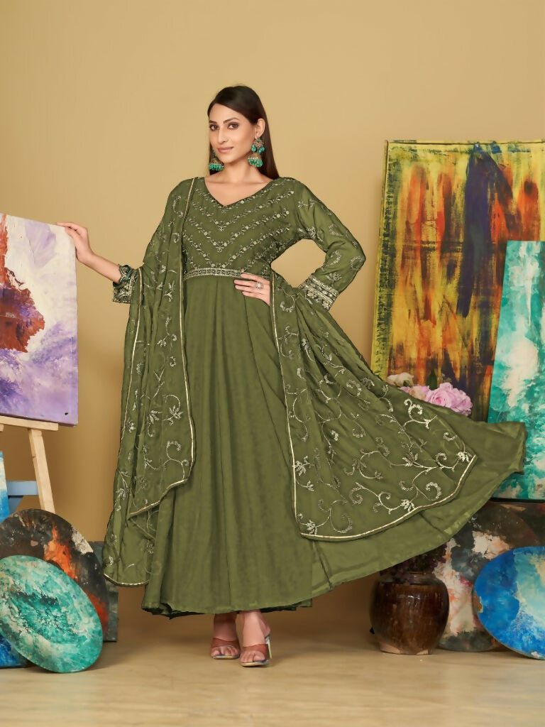 Jyoti Fashion Women's Olive Green Georgette Embroidered Anarkali Kurta Pant Set With Dupatta