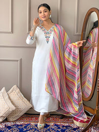 Thumbnail for Lyush Women's Off White Viscose Blend Embroidery Straight Kurta Pant With Dupatta
