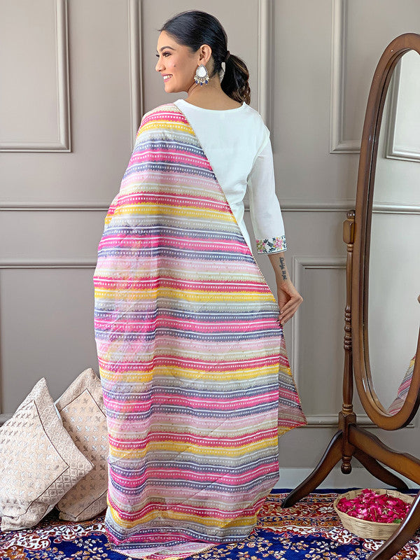 Lyush Women's Off White Viscose Blend Embroidery Straight Kurta Pant With Dupatta